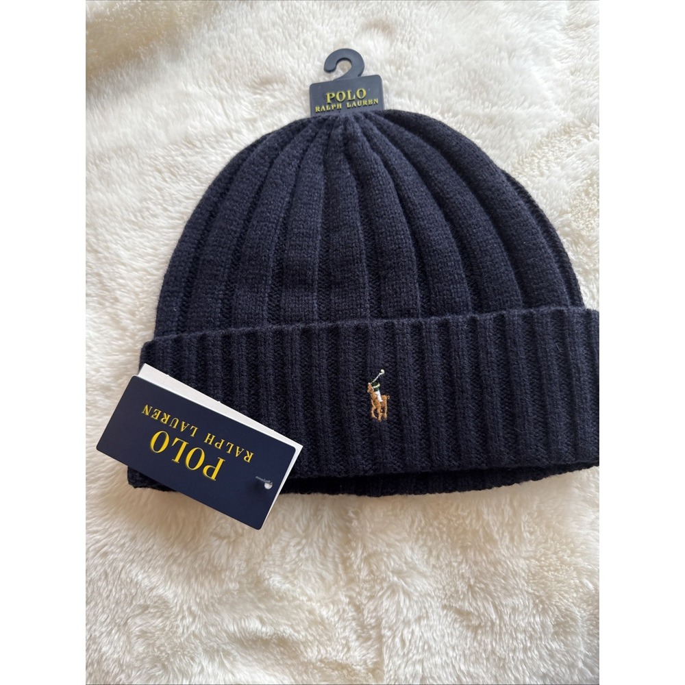 Polo Ralph Lauren Men's Ribbed Beanie Wool Blend winter Hat Navy Blue, One Size